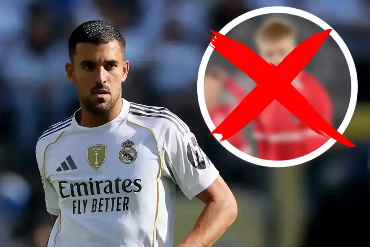 Real Madrid player in the foreground with a circle and a large red X over a blurred figure in the background