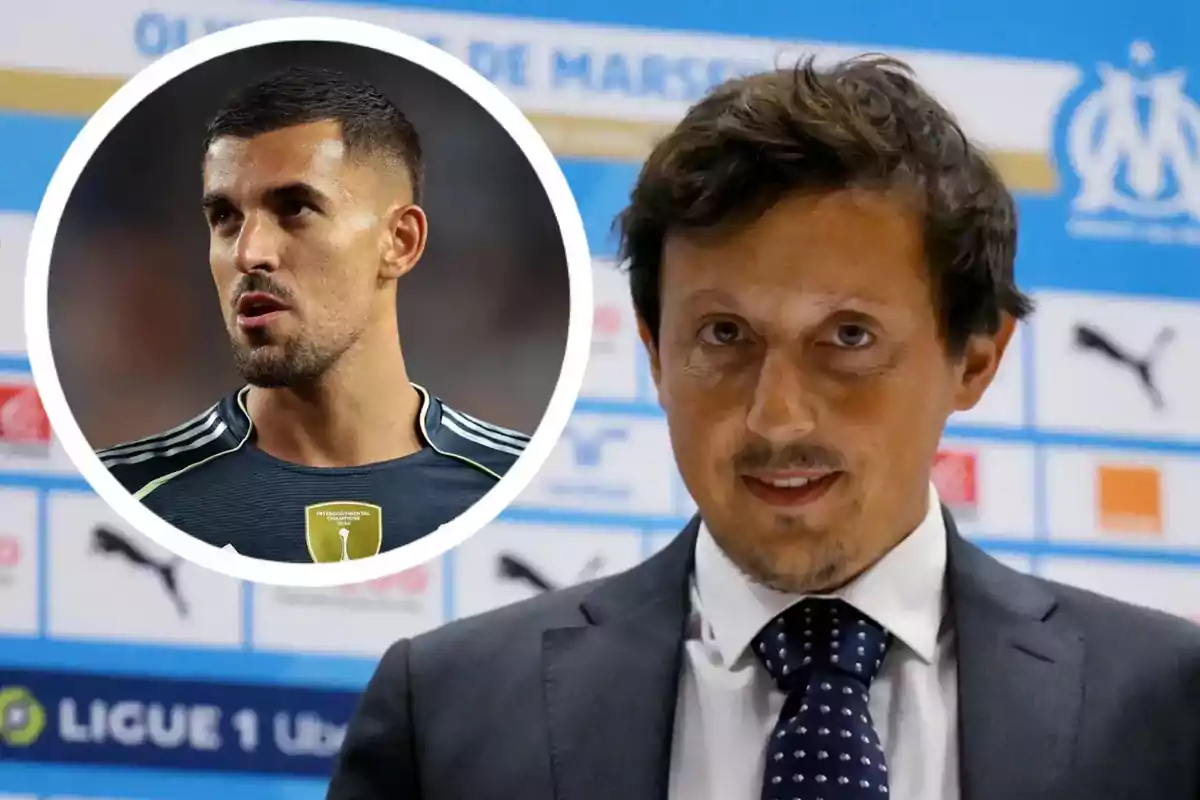 A man in a suit and tie is at a press conference with a blue sponsor background and the Olympique de Marseille crest, while in the top left corner, the face of a player in a dark jersey appears inside a white circle.