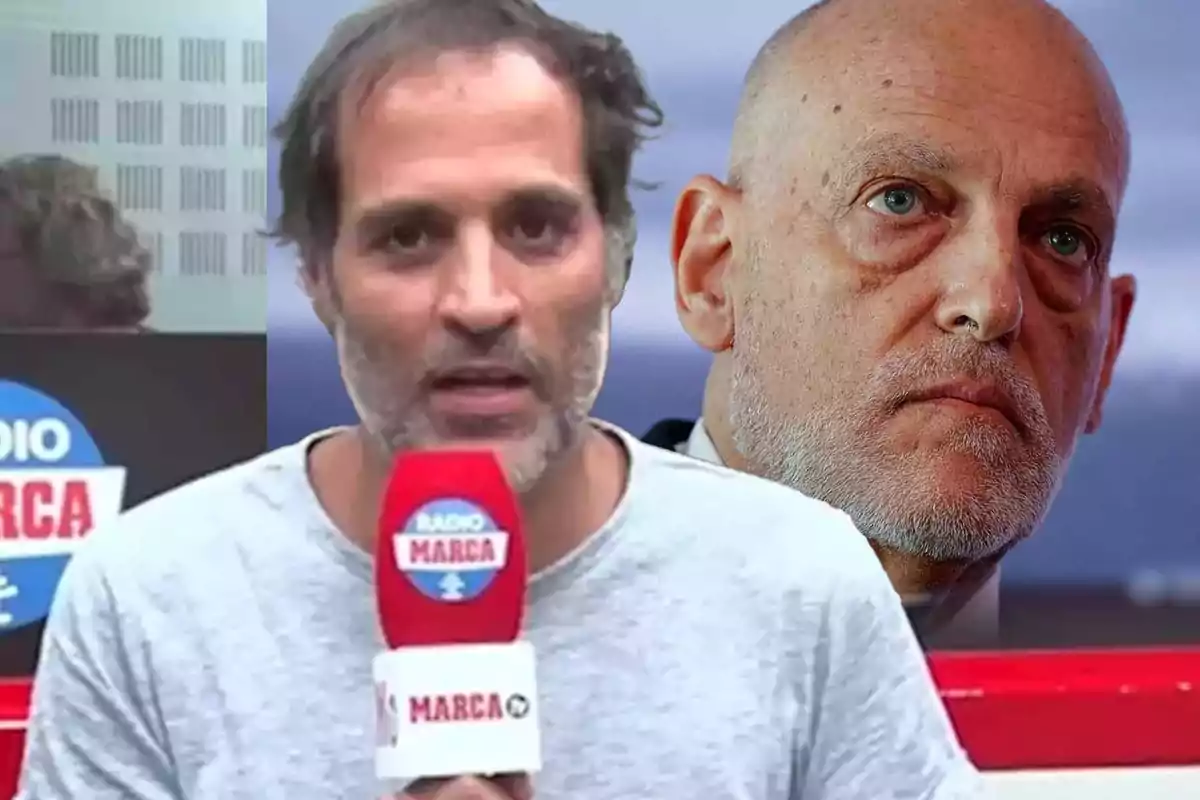 Un hombre sostiene un micrófono de Radio Marca mientras al fondo aparece el rostro de otra persona mayor con expresión seria.