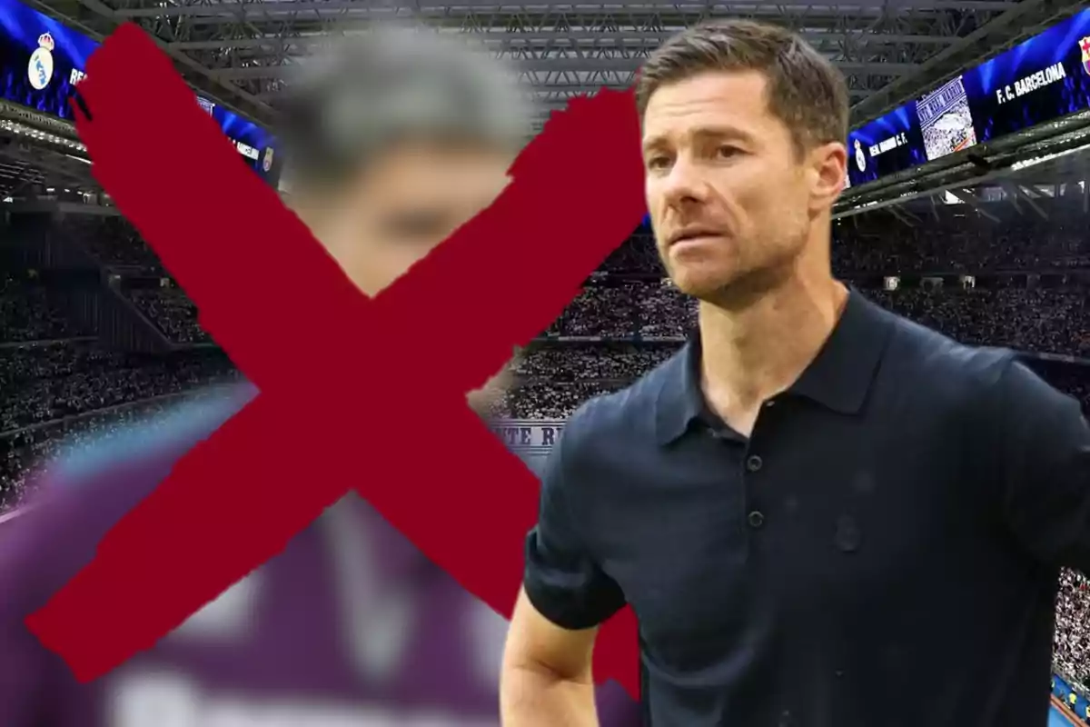 Soccer coach in a stadium with a large red X over a blurred figure in the background