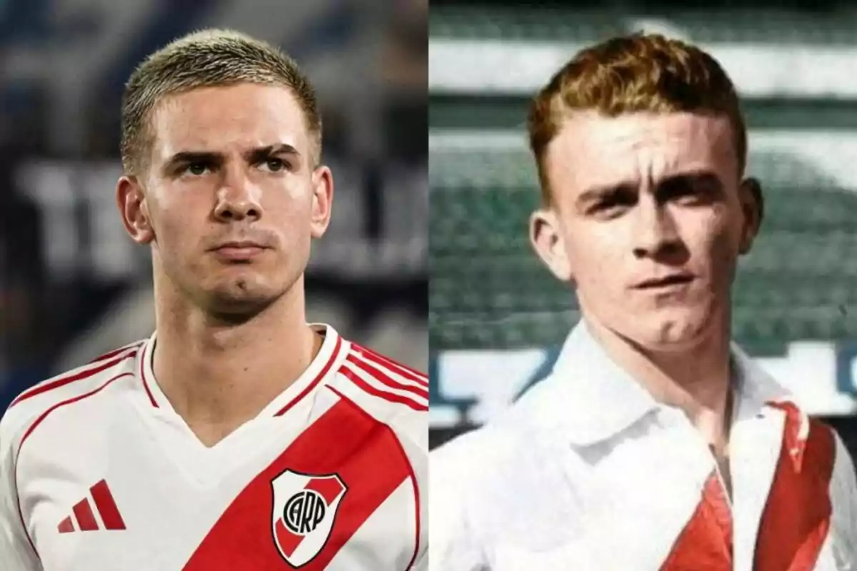 Dos futbolistas con la camiseta de River Plate, uno en una foto actual y otro en una imagen antigua Dos futbolistas con la camiseta de River Plate, uno en una foto actual y otro en una imagen antigua