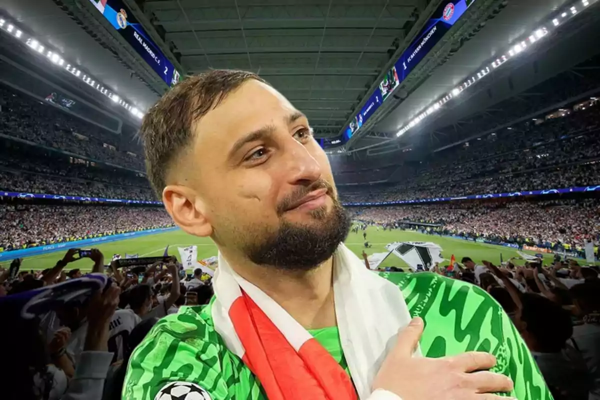 Bearded soccer goalkeeper in a green jersey smiles and wraps himself in a flag in a stadium full of fans Bearded soccer goalkeeper in a green jersey smiles and wraps himself in a flag in a stadium full of fans