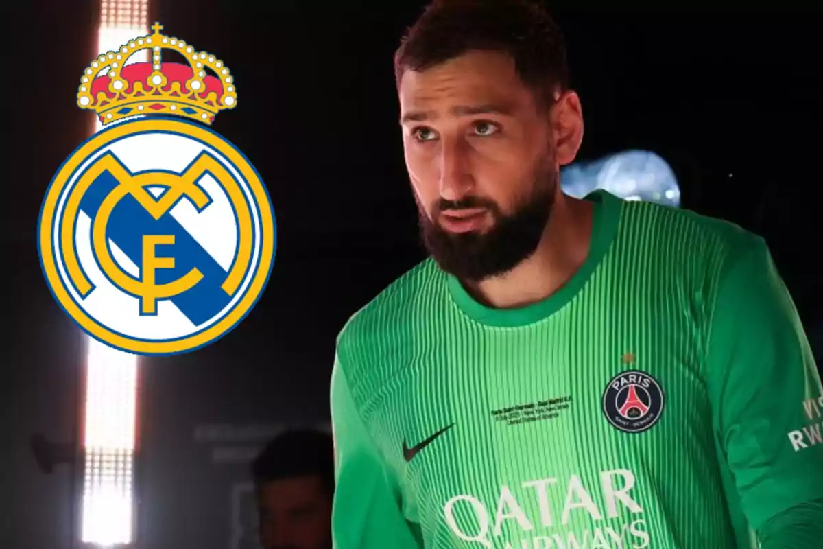 PSG goalkeeper in a green uniform with the Real Madrid crest next to him