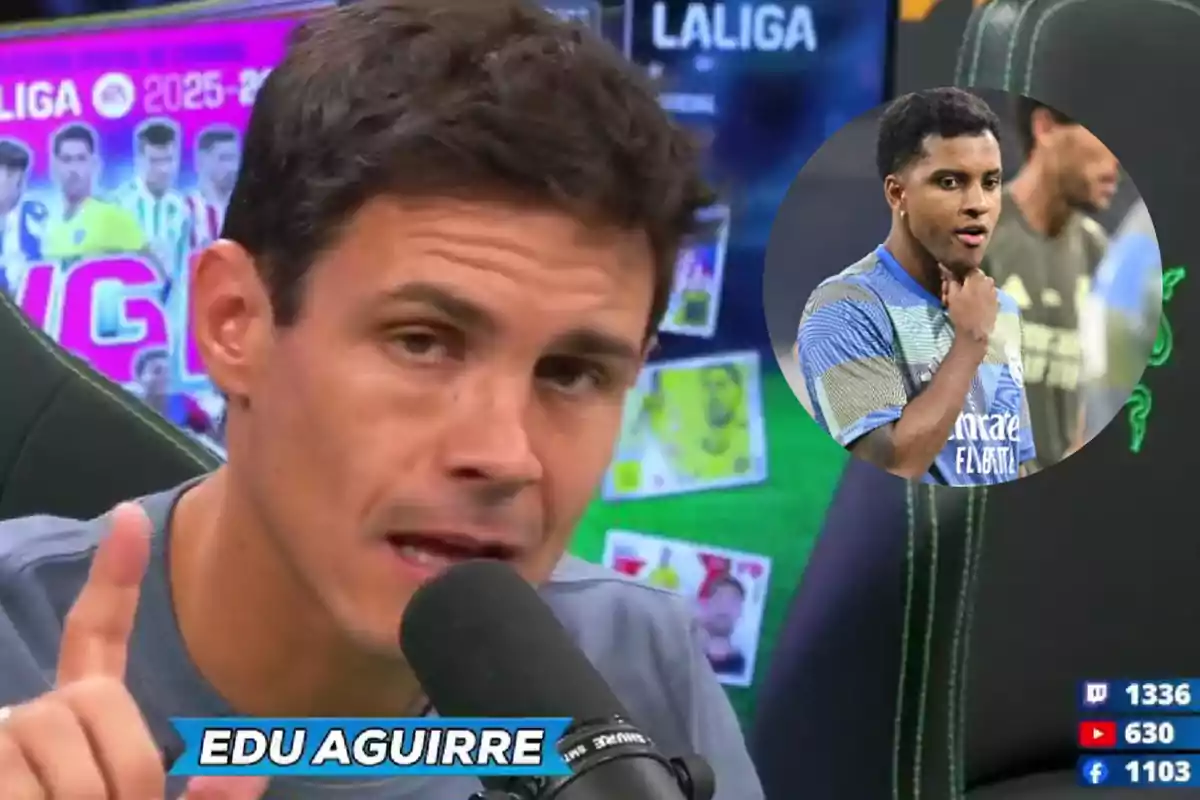 A man speaking in front of a microphone with football graphics in the background and a circular image of a player in sports uniform in the top right corner