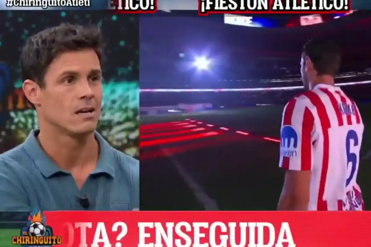 A man in a blue jersey speaks on a sports show while a player from Atlético de Madrid is shown on the screen entering the stadium during a celebration.