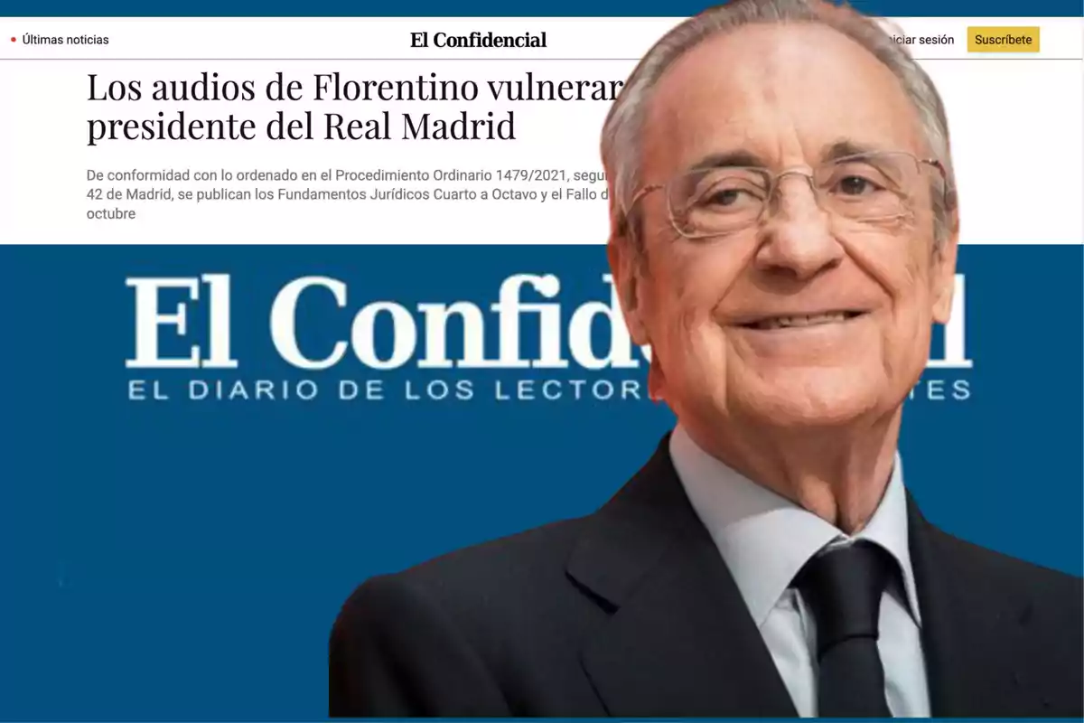 Hombre mayor con gafas y traje sonríe frente a un fondo azul con el logo de El Confidencial y un titular de noticia sobre audios y el presidente del Real Madrid.