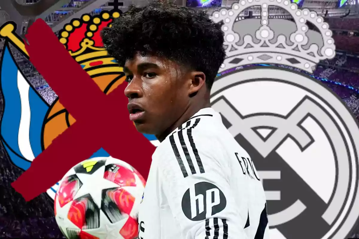 A player in a white uniform appears in front of the crests of Real Sociedad and Real Madrid, with a large red X over the Real Sociedad crest.
