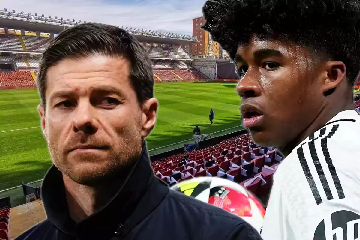 Dos personas relacionadas con el fútbol aparecen en primer plano con un estadio de fondo