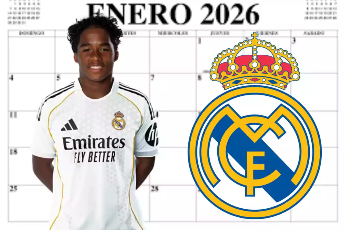 Un futbolista con la camiseta del Real Madrid aparece frente a un calendario de enero de 2026 y al lado del escudo grande del club