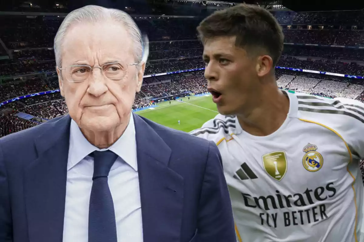 An older man with glasses and a suit next to a player in a Real Madrid uniform in a stadium full of spectators