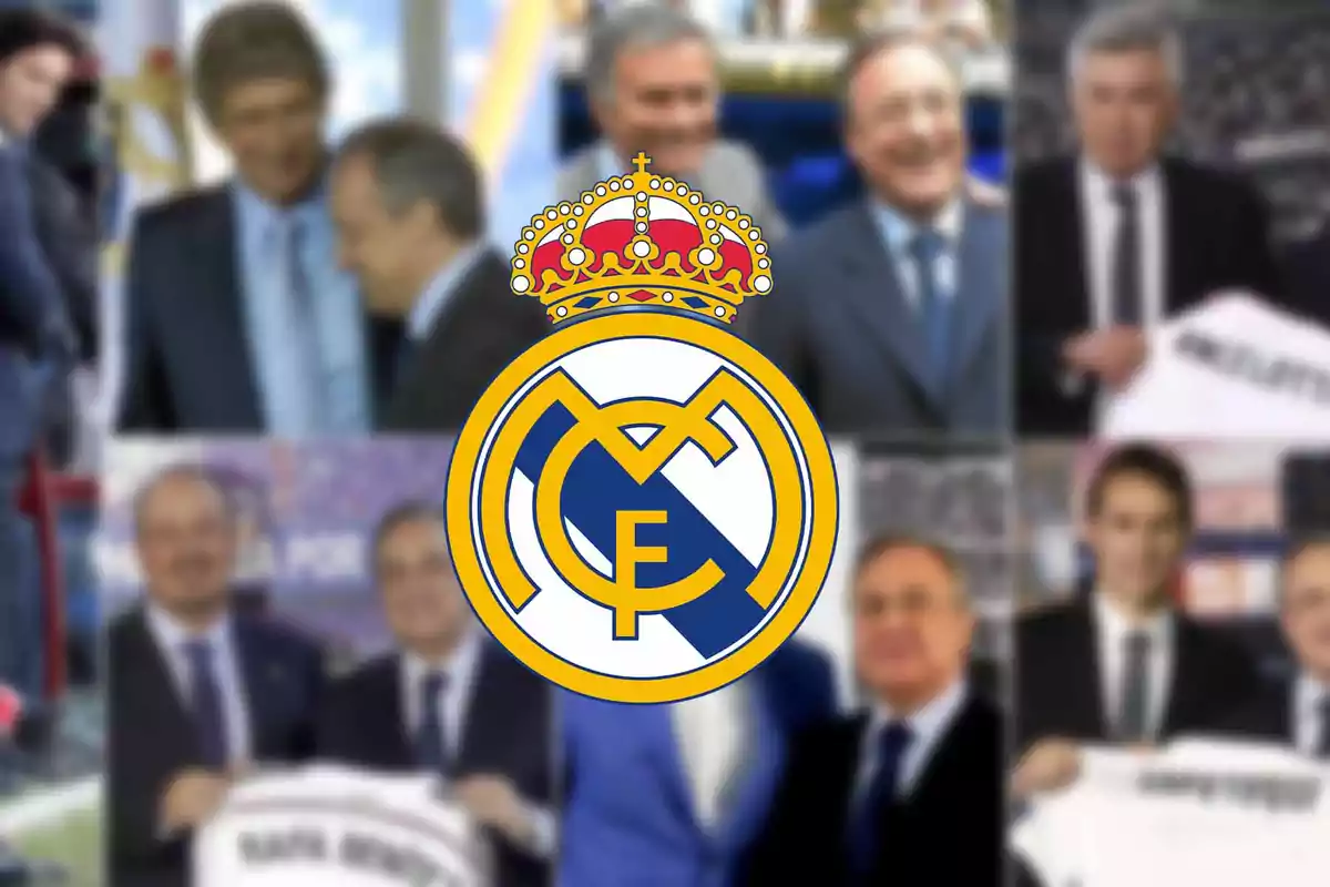 Escudo del Real Madrid en el centro con varias personas en el fondo desenfocado