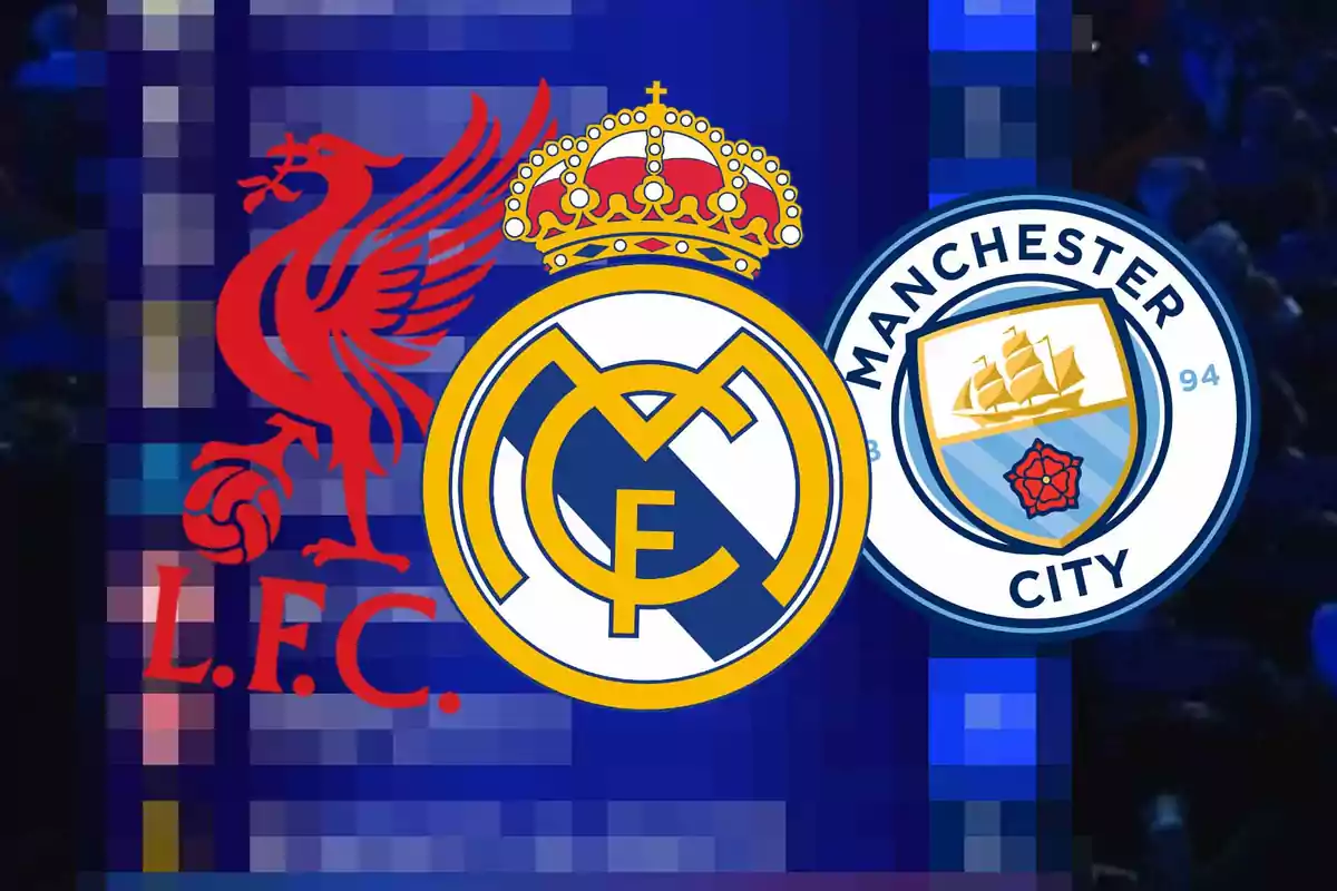 Badges of the teams Liverpool, Real Madrid, and Manchester City on a pixelated blue background