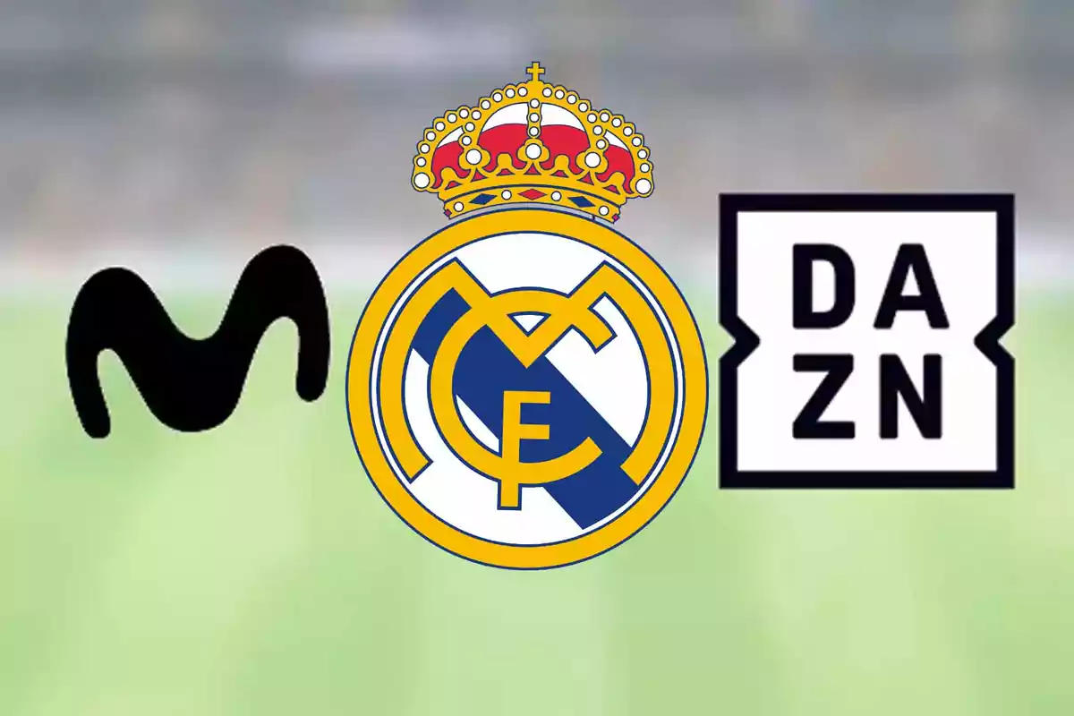 Logos de Movistar, Real Madrid y DAZN sobre un fondo desenfocado de estadio de fútbol