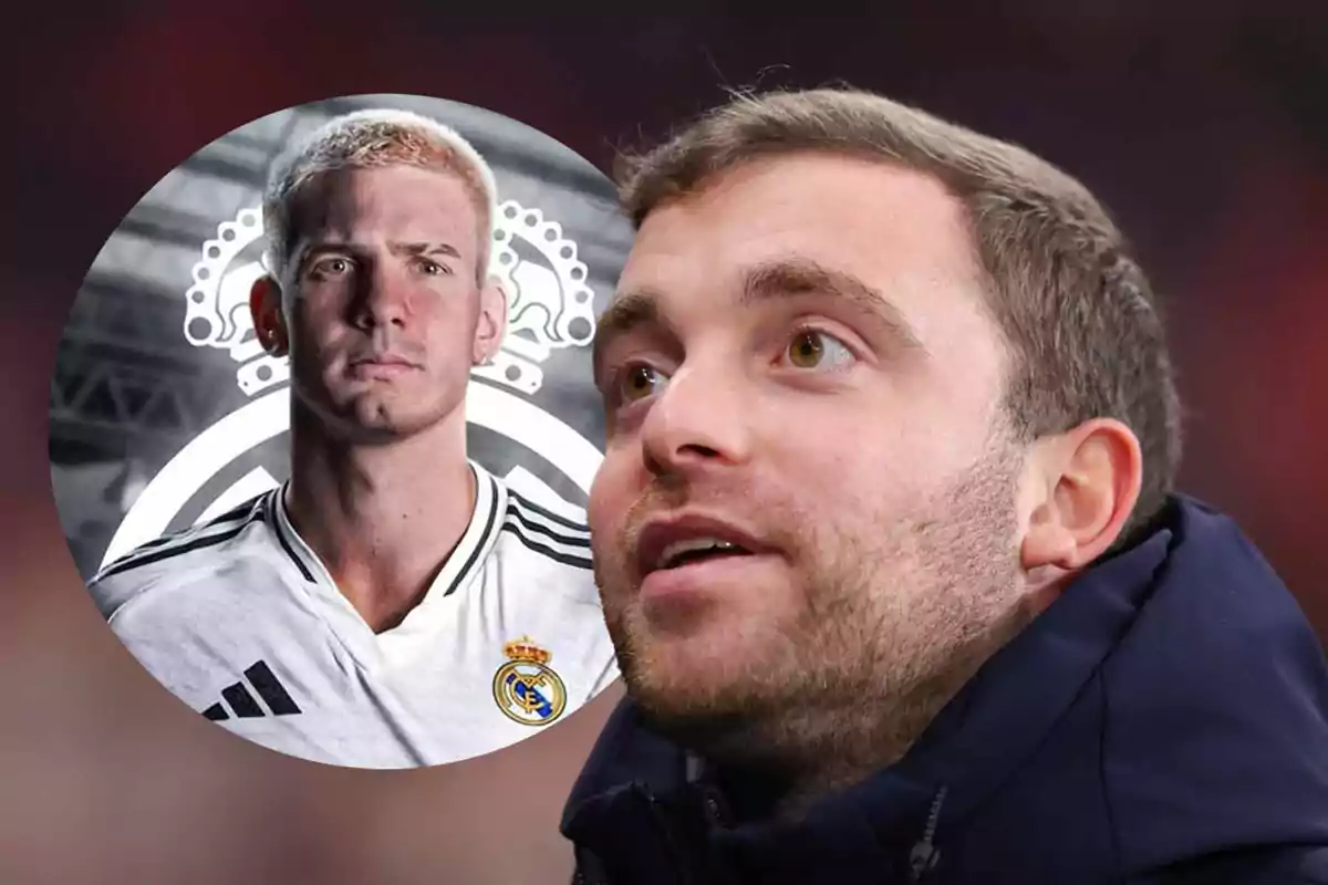 Un hombre de barba corta en primer plano y al fondo la imagen de un futbolista con el uniforme del Real Madrid