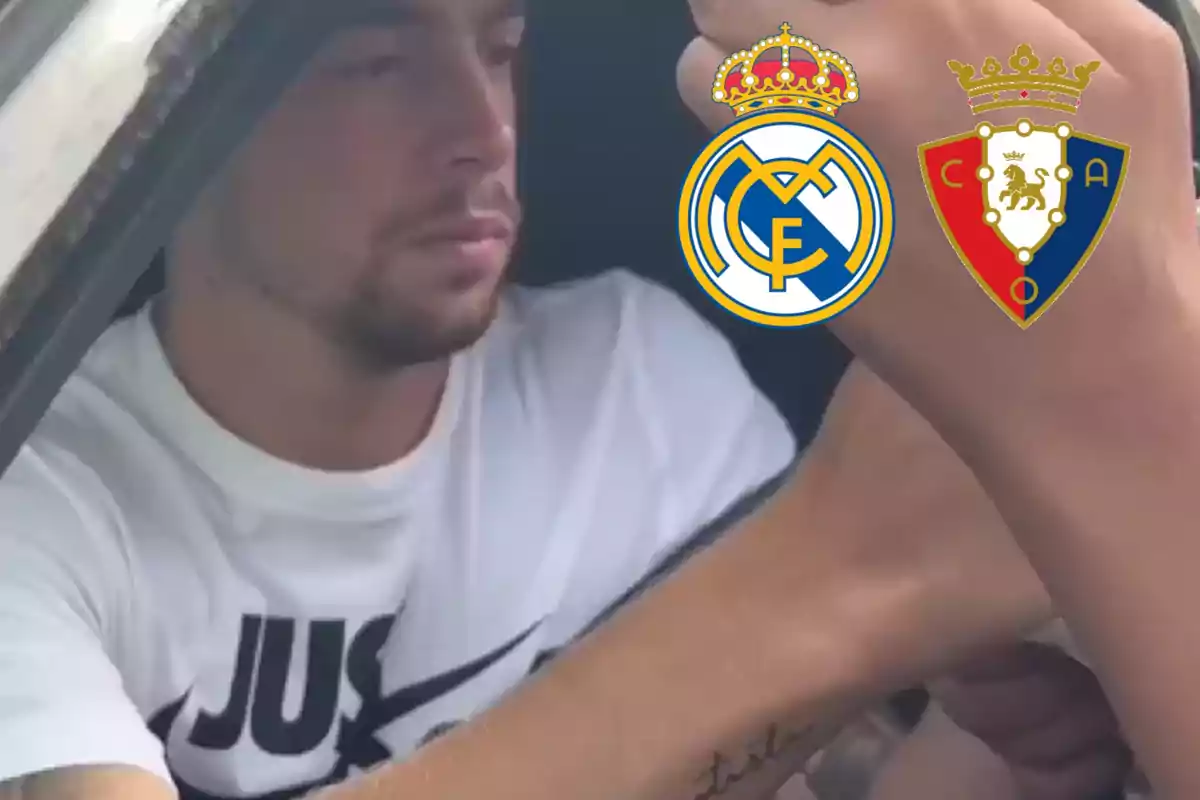 A man in a white jersey inside a car signs an autograph while the Real Madrid and Osasuna crests appear.
