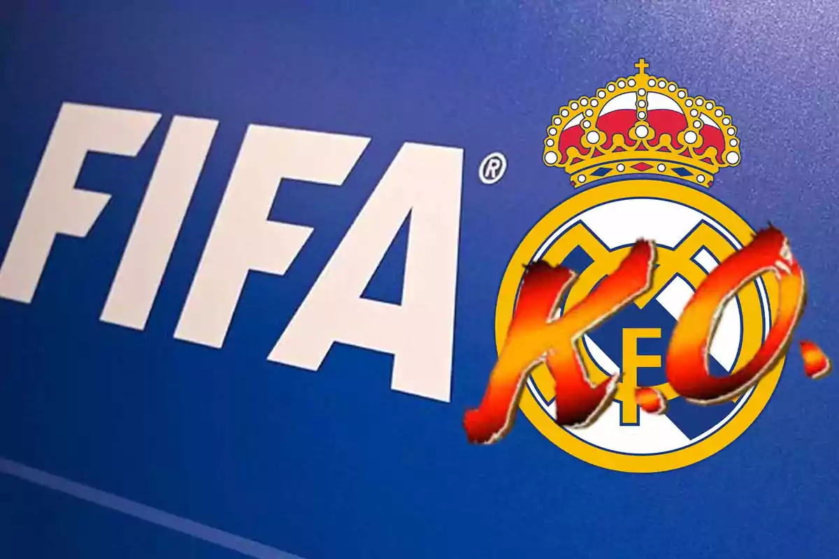 Logo de FIFA junto al escudo del Real Madrid con las letras K.O. en color rojo y amarillo superpuestas.