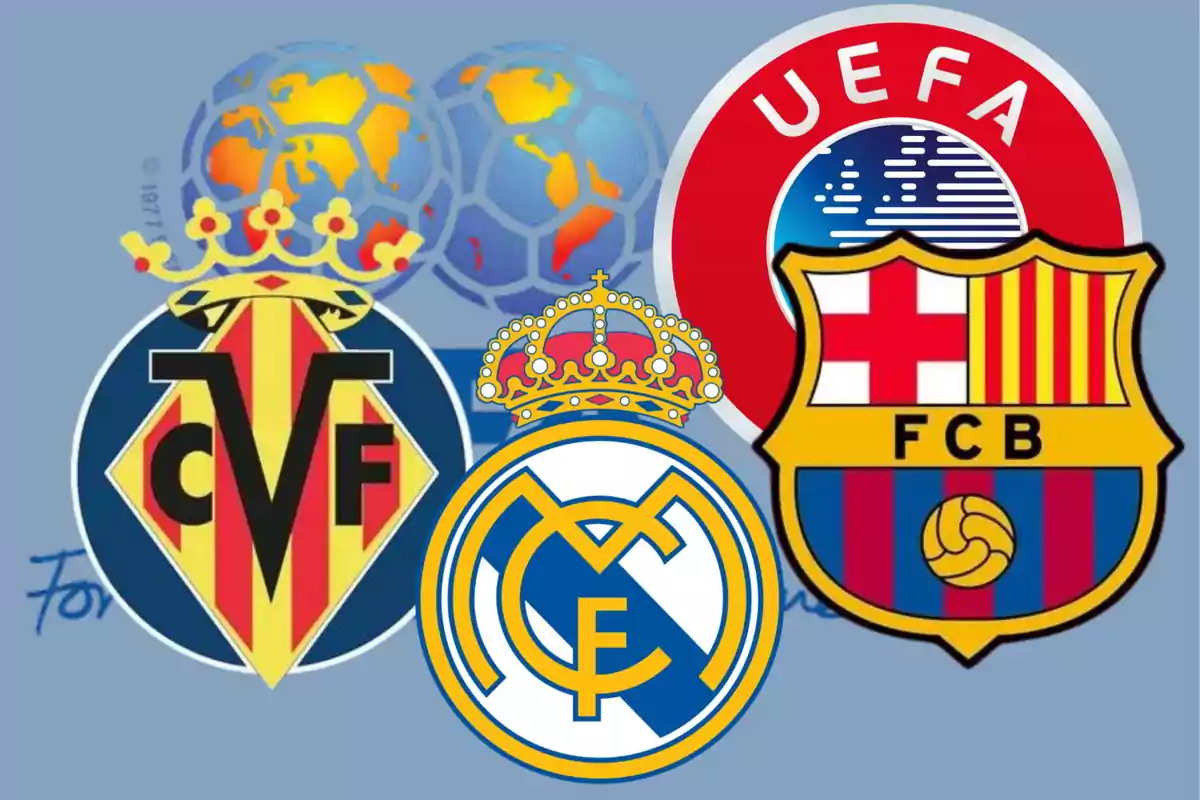 Escudos de Villarreal, Real Madrid y Barcelona junto al logo de la UEFA sobre un fondo azul con balones de fútbol estilizados.