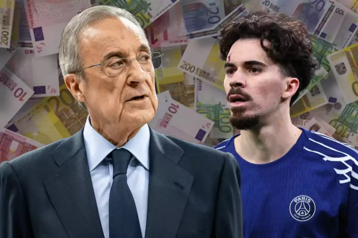 A man in a suit and a PSG player appear in front of a background of euro bills.