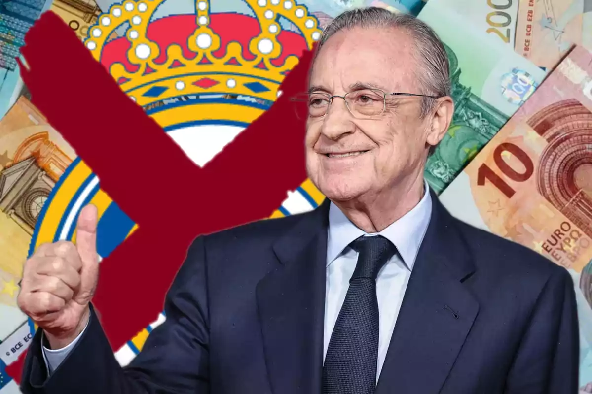 Hombre de traje sonriente con el pulgar arriba frente a un fondo de billetes, el escudo del Real Madrid y una gran equis roja sobre el escudo