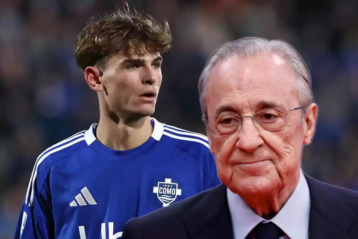 A young player in a blue Como uniform and an older man wearing glasses and a suit appear together in the image.
