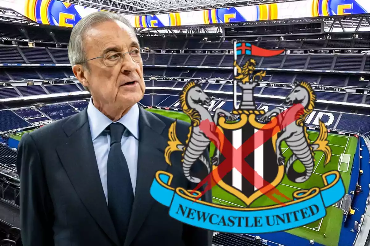 Un hombre de traje en un estadio de fútbol con el escudo de Newcastle United tachado en primer plano