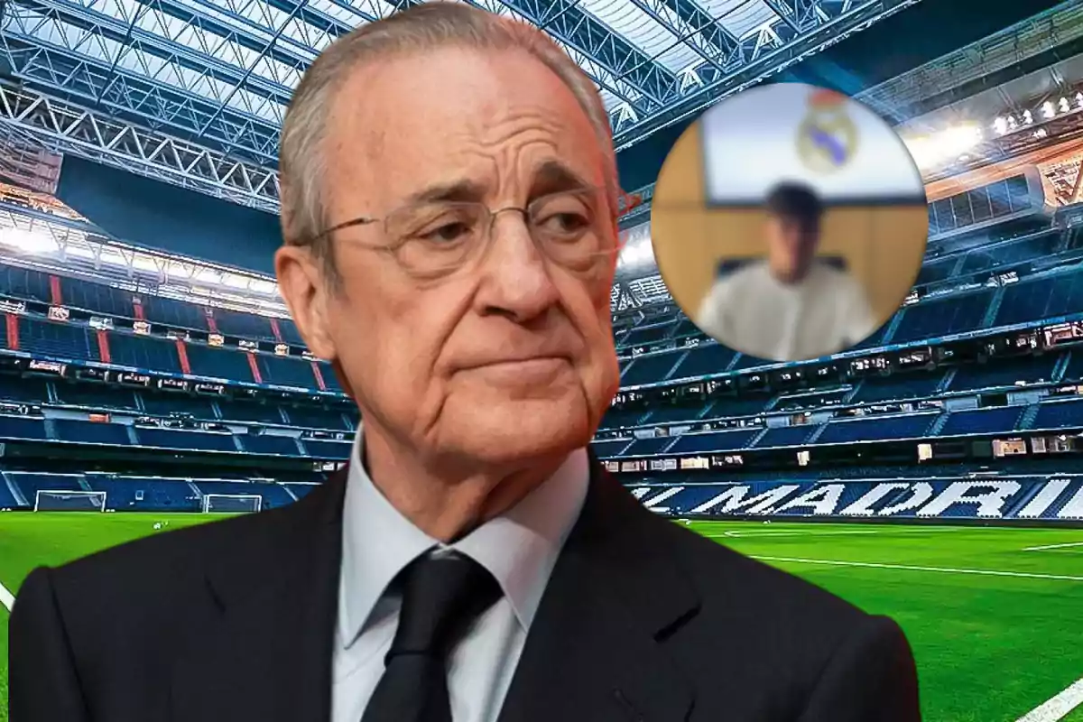 Older man with a serious expression in a soccer stadium with a blurred figure in a circle in the background