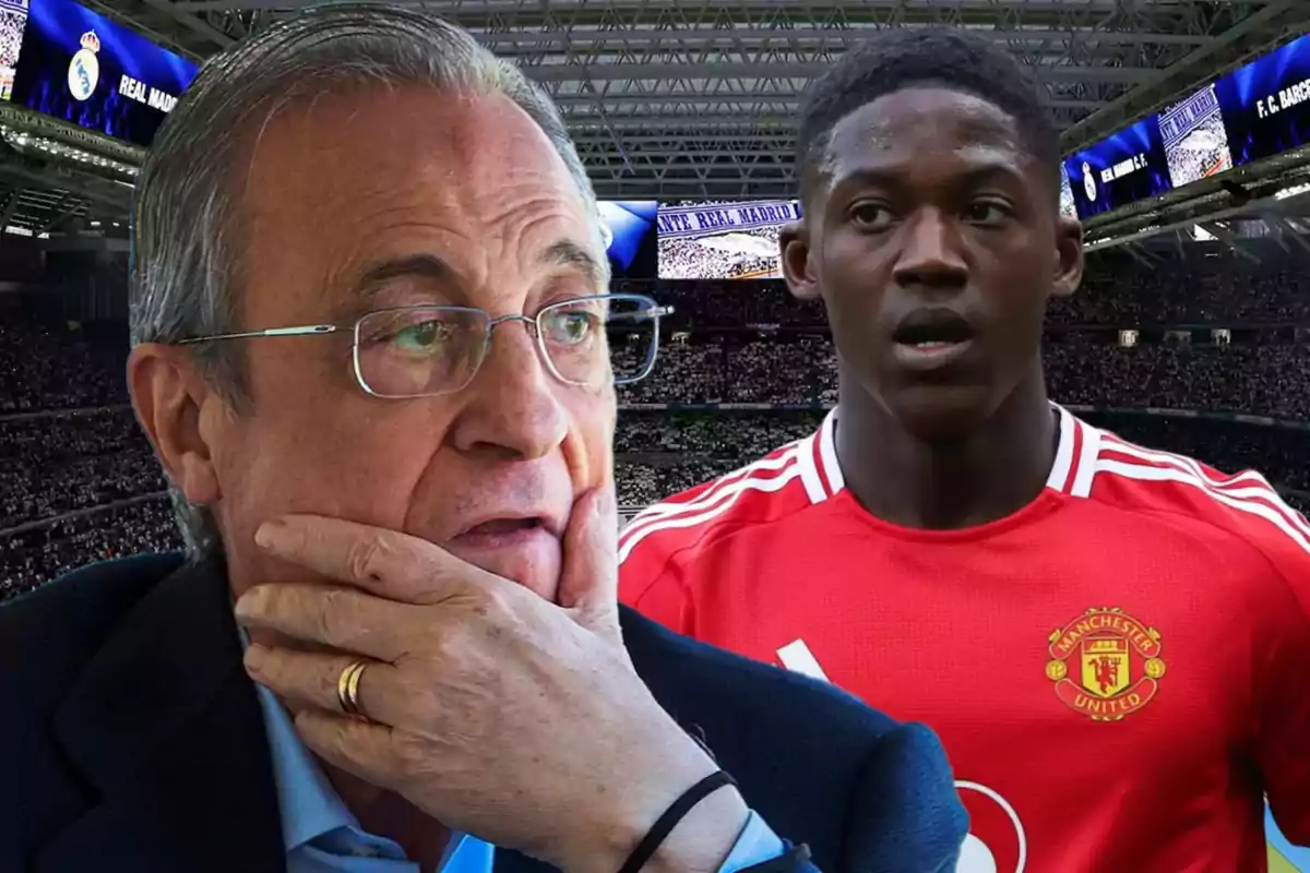 An older man with glasses and a thoughtful expression appears in the foreground while a young player wearing a red Manchester United jersey is in the background in a stadium full of spectators.