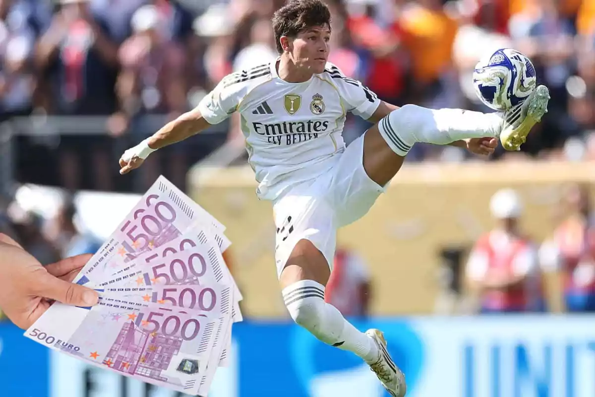 A Real Madrid player performs an acrobatic move to strike the ball while a hand holds several 500-euro bills in the foreground.