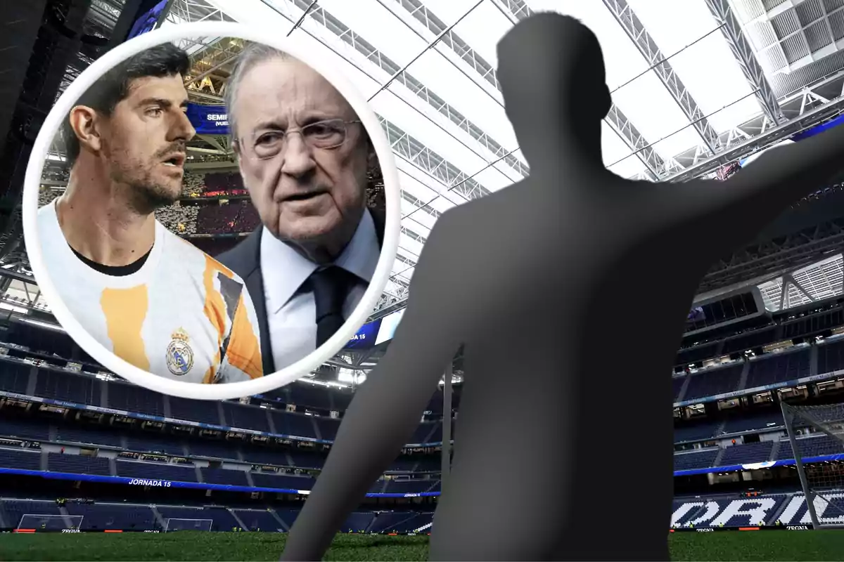 Silhouette of a person in a soccer stadium with a circle showing a player and an older man in the foreground