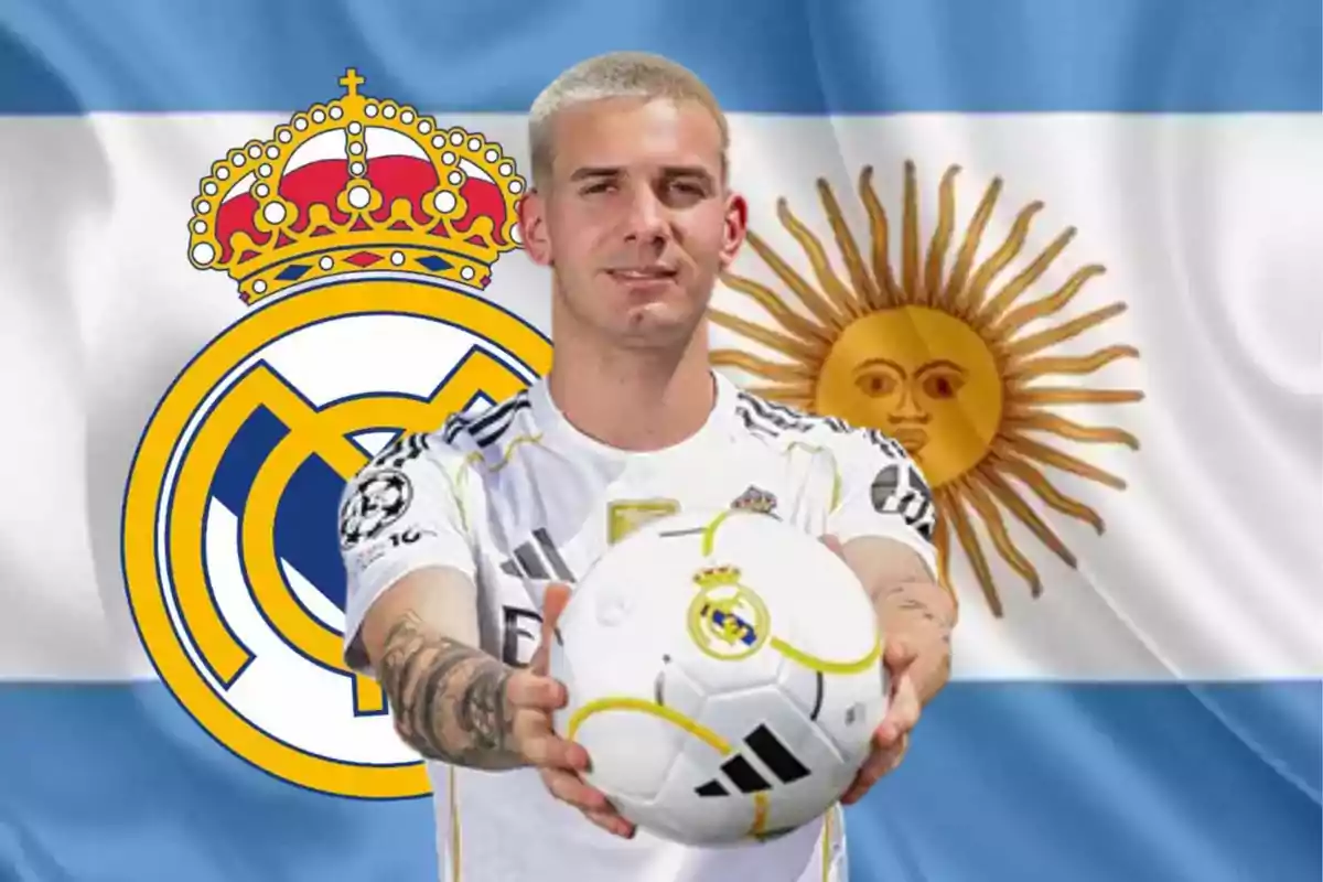 Futbolista con camiseta del Real Madrid sosteniendo un balón frente a los escudos del club y la bandera de Argentina