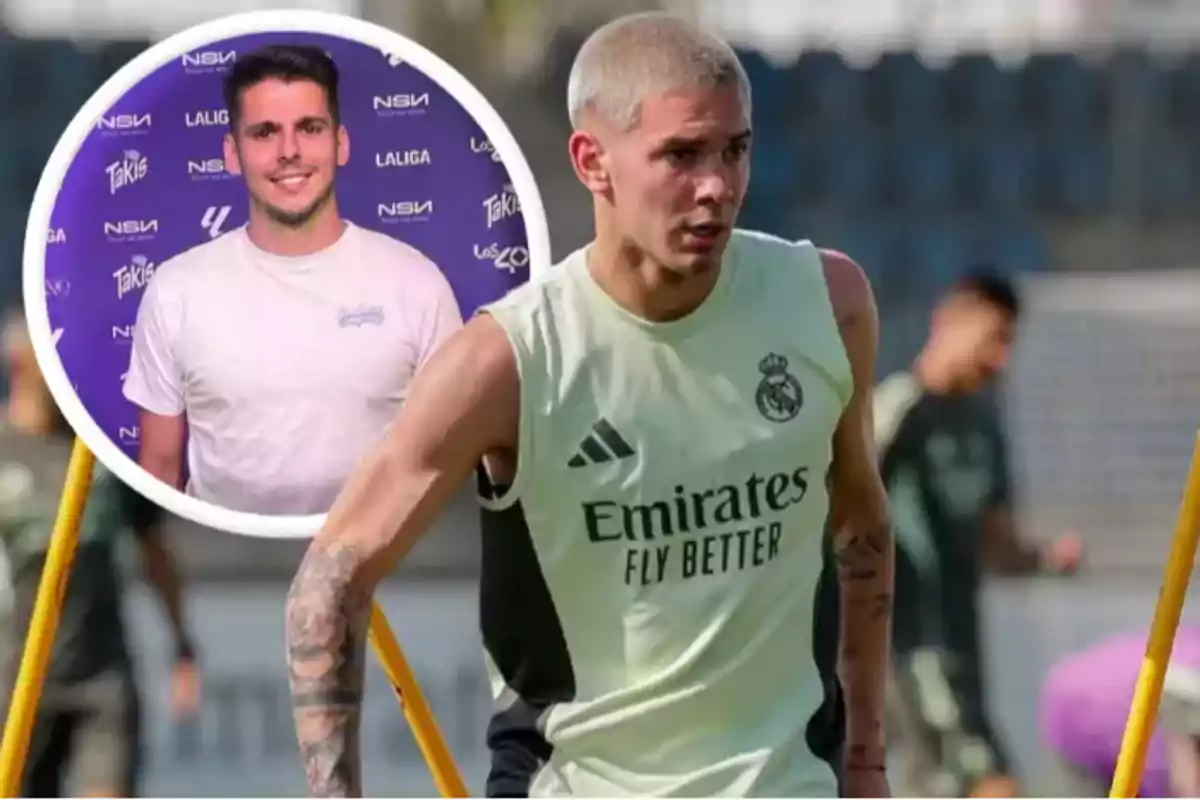 A Real Madrid player trains on the field while, in the upper left corner, a box appears showing the image of a man smiling in front of a purple background with logos.