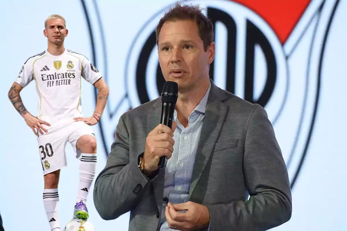 Un hombre con micrófono y saco gris habla frente a un fondo con el escudo de River Plate mientras a su lado aparece un futbolista con uniforme del Real Madrid y el número 30, posando con un pie sobre un balón.