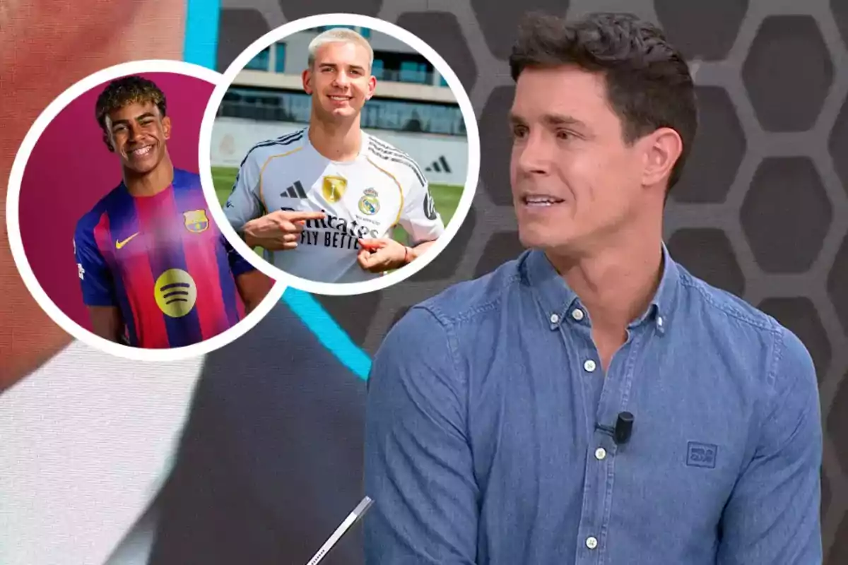 A man in a denim jersey is on a television set, and next to him are two circular photos of young players, one wearing a Barcelona uniform and the other wearing a Real Madrid uniform.