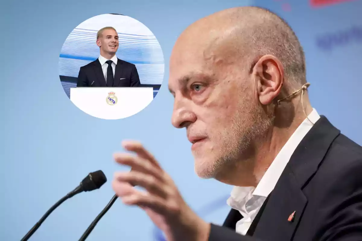 An older man with a headset microphone speaks on a stage while, in the upper left corner, the image of a smiling blond young man appears behind a podium with the Real Madrid crest.
