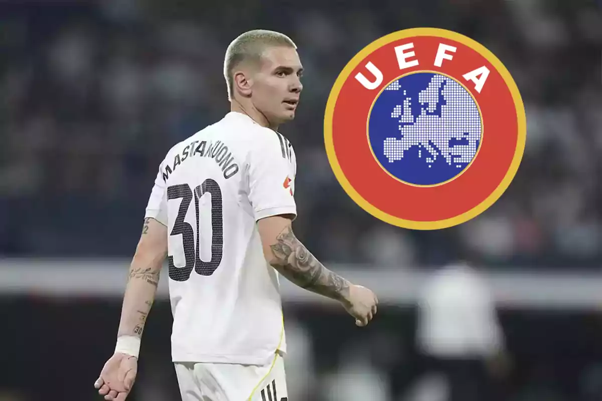 Soccer player with the number 30 and the name Mastantuono on the jersey next to the UEFA logo
