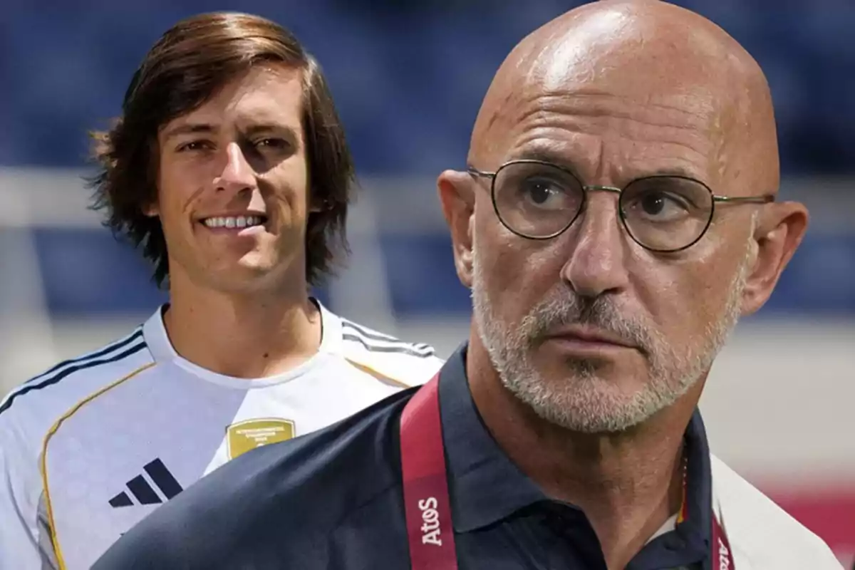 Two men in the foreground, one with long hair and a white sports jersey, the other bald with glasses and a beard, both in a sports setting.