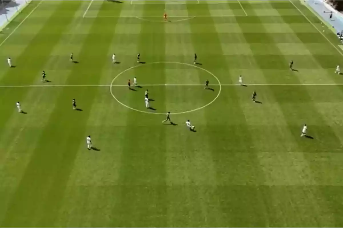 Aerial view of a soccer match with players spread out on the field and the ball near the center circle. Aerial view of a soccer match with players spread out on the field and the ball near the center circle.