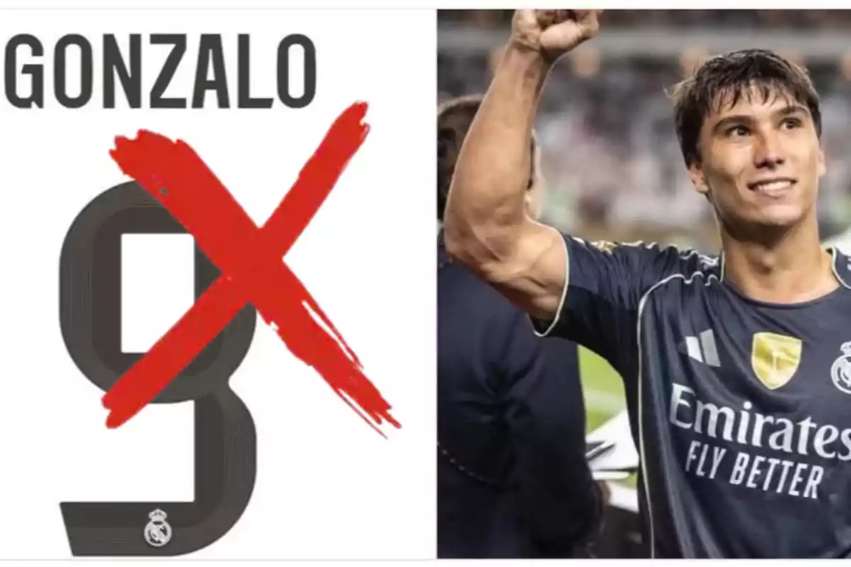 On the left appears the name Gonzalo and the number 9 crossed out with a red X, on the right a player in a Real Madrid uniform raising his arm and smiling.