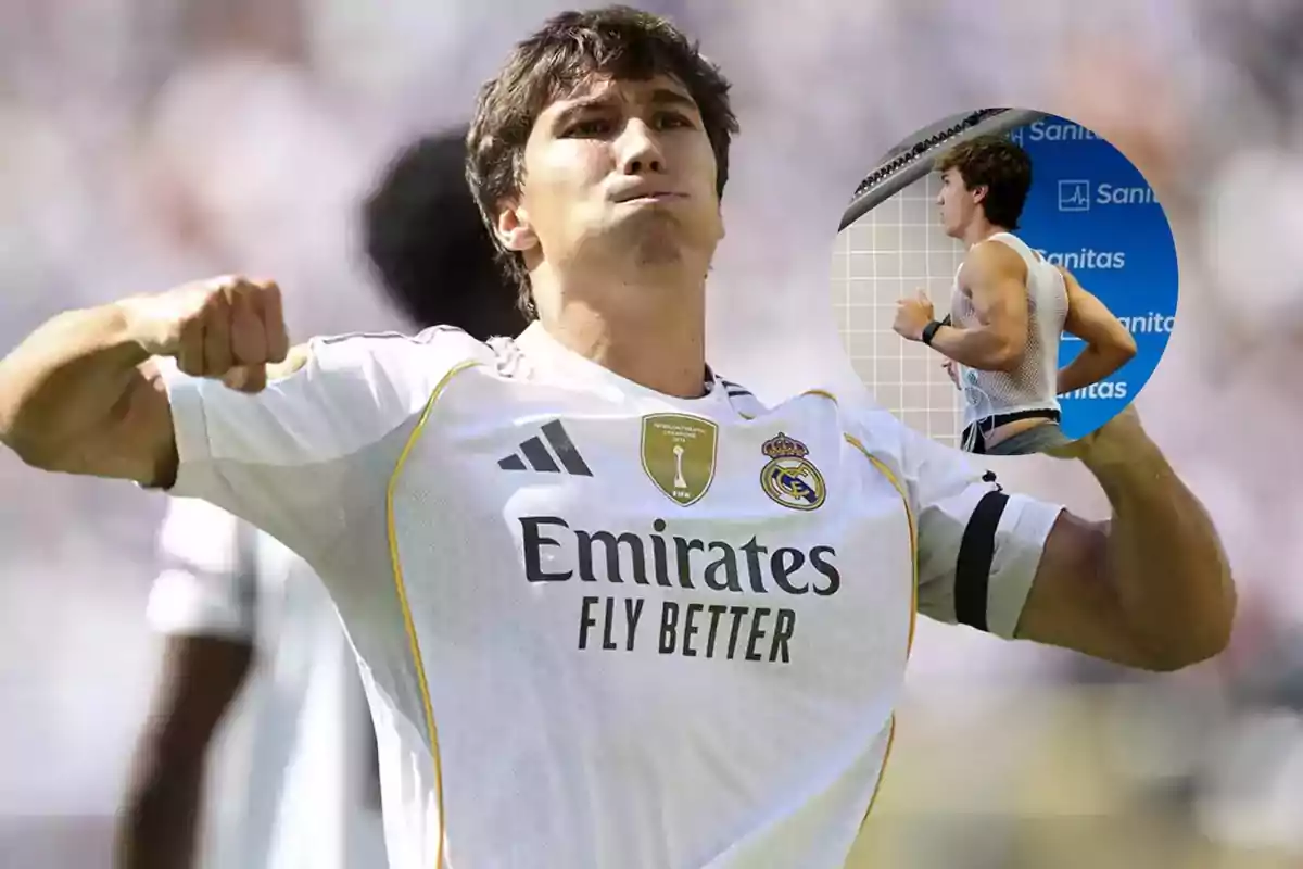 Futbolista del Real Madrid celebrando con los puños levantados y una imagen circular insertada mostrando al mismo jugador corriendo en una prueba médica
