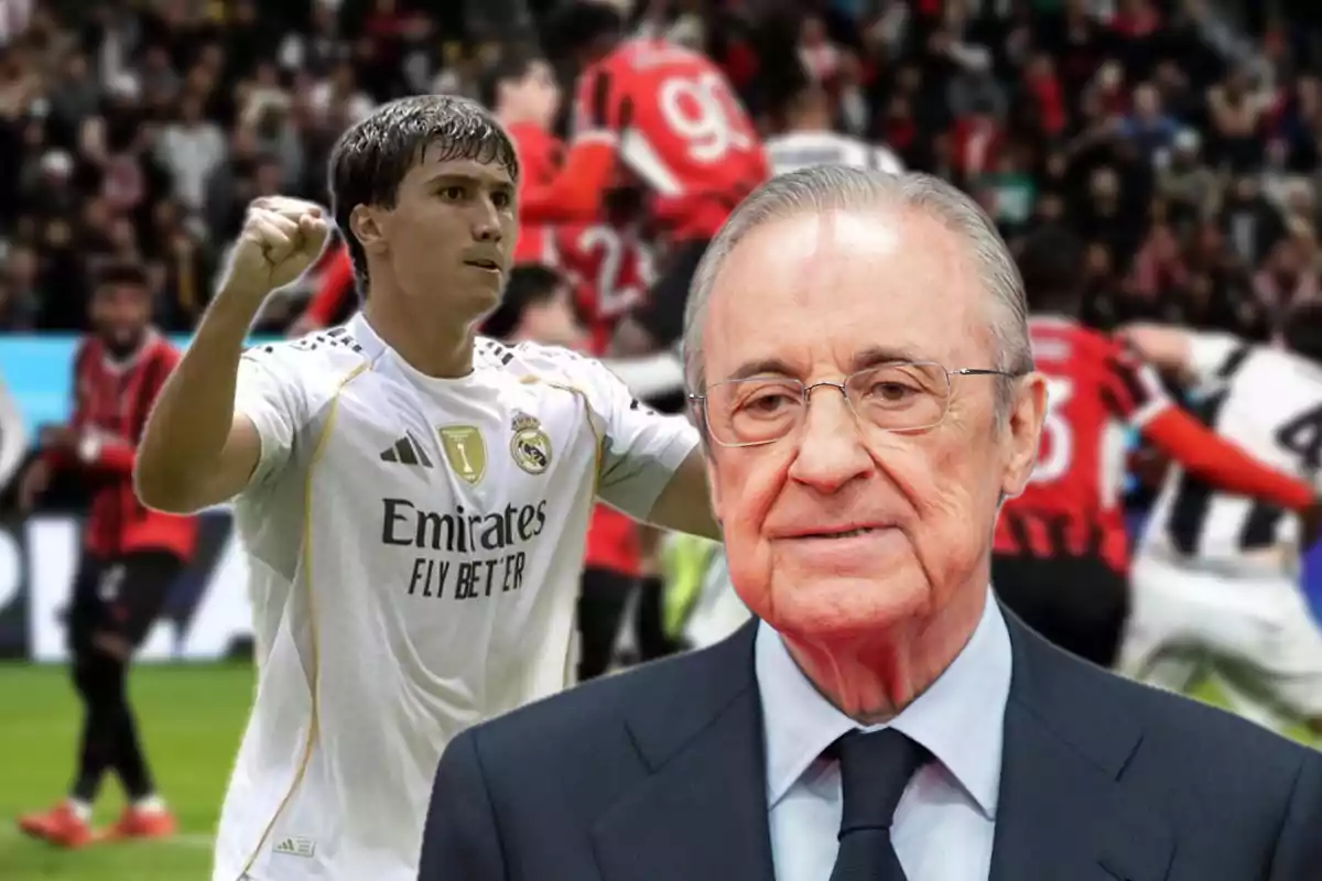 Un jugador del Real Madrid celebrando en el campo con un hombre mayor de traje al frente y aficionados en las gradas de fondo