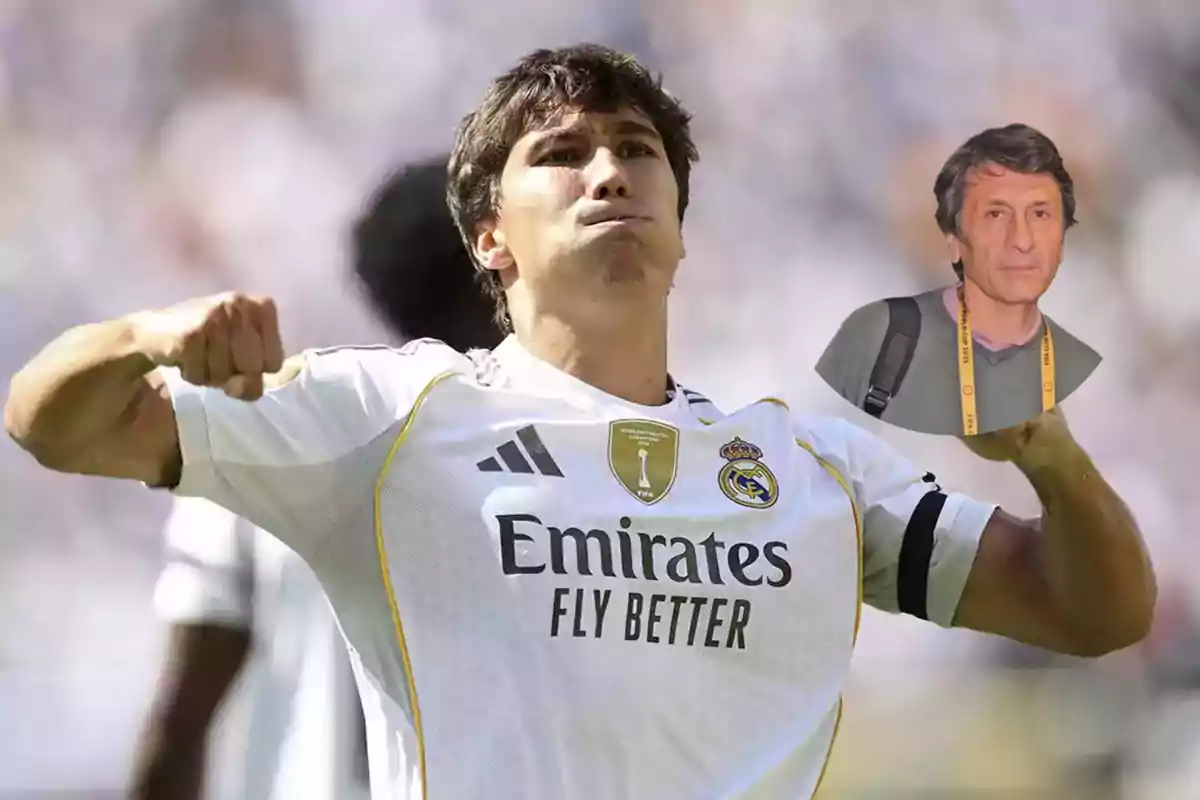 Real Madrid player celebrating with arms raised and an edited image of an older man in the top right corner