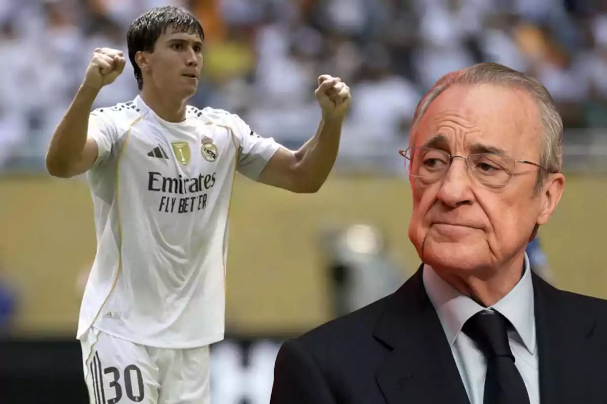 Un futbolista del Real Madrid celebra con los puños en alto mientras un hombre mayor con gafas y traje lo observa con expresión seria