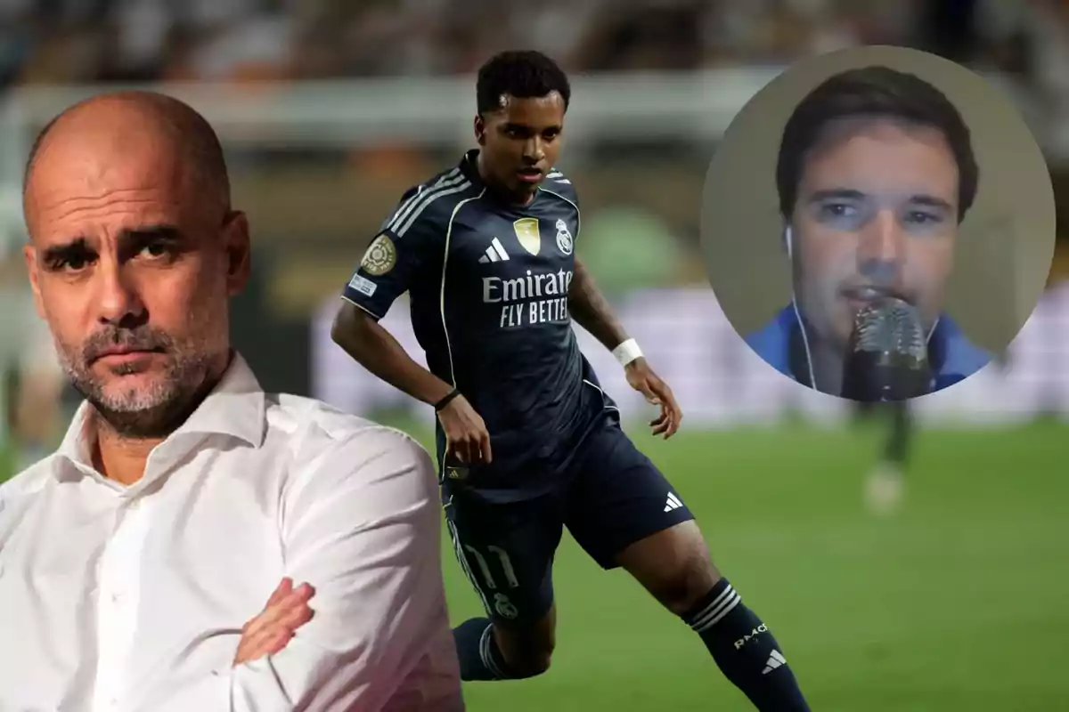 A soccer coach with crossed arms appears in the foreground while a player in a dark Real Madrid uniform runs on the field, and in the upper right corner, the face of a man speaking into a microphone is shown.