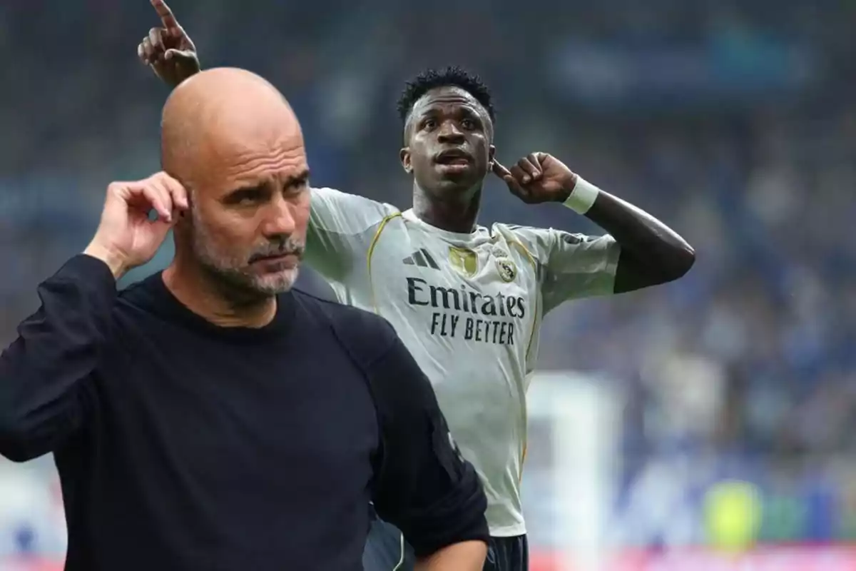 A soccer coach with a thoughtful expression in the foreground and a Real Madrid player celebrating a goal in the background