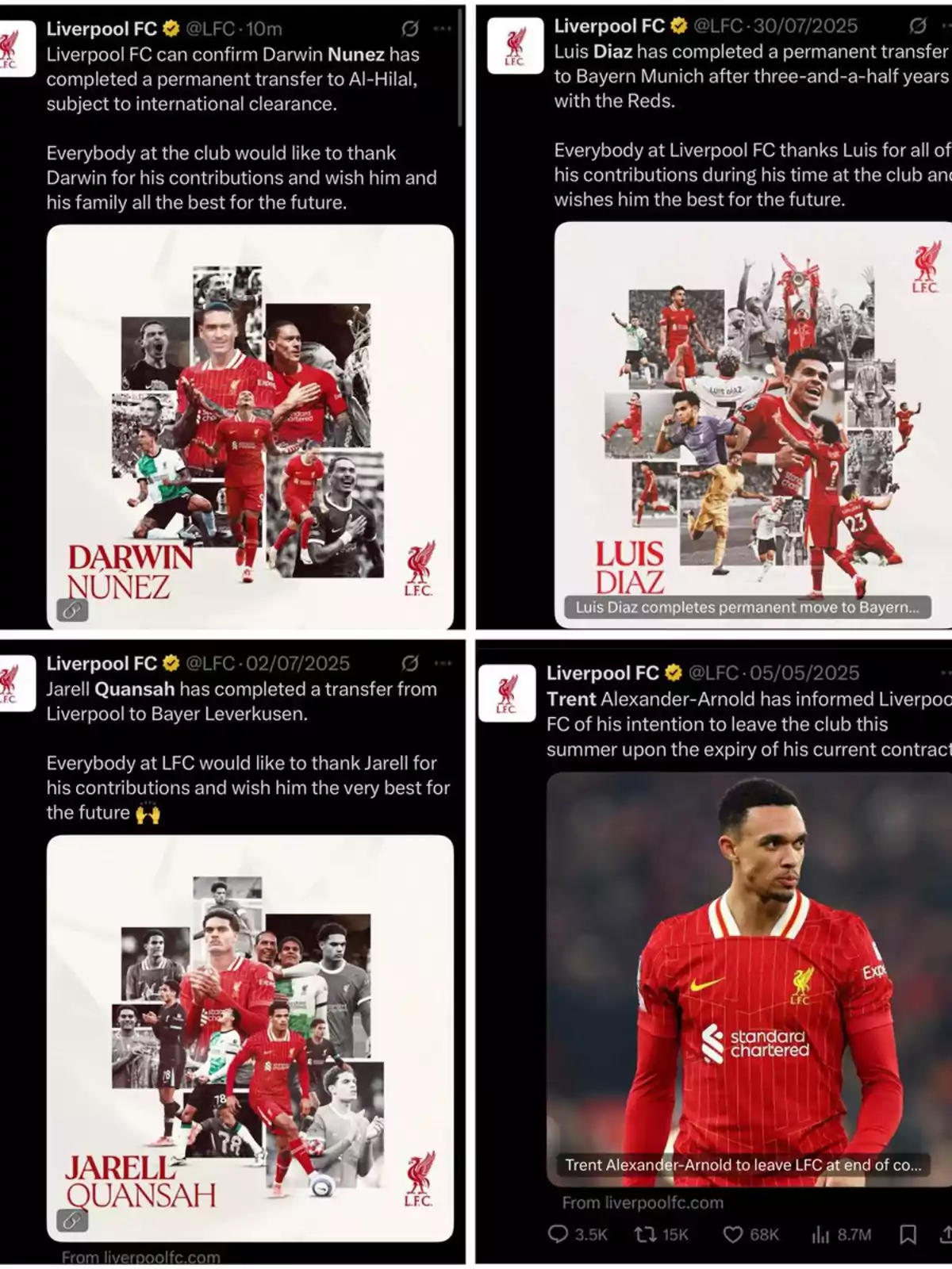 Cuatro publicaciones de Liverpool FC en redes sociales anunciando la salida de los jugadores Darwin Núñez, Luis Díaz, Jarell Quansah y Trent Alexander-Arnold, cada una acompañada de una imagen de despedida del respectivo futbolista con el equipo Cuatro publicaciones de Liverpool FC en redes sociales anunciando la salida de los jugadores Darwin Núñez, Luis Díaz, Jarell Quansah y Trent Alexander-Arnold, cada una acompañada de una imagen de despedida del respectivo futbolista con el equipo