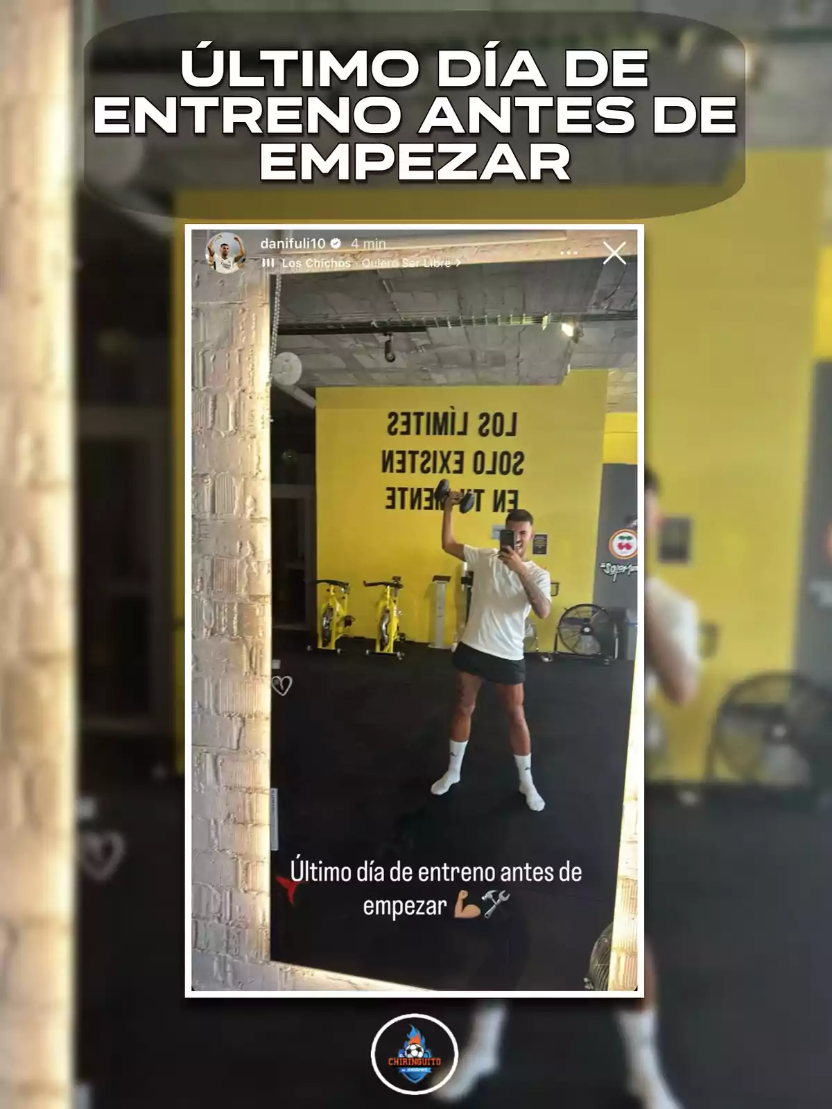Persona tomándose una selfie en el gimnasio con fondo amarillo y texto que dice último día de entreno antes de empezar Persona tomándose una selfie en el gimnasio con fondo amarillo y texto que dice último día de entreno antes de empezar