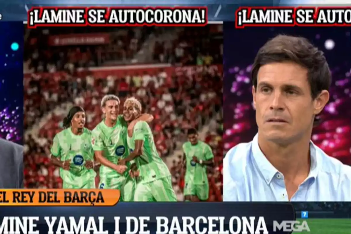 Un programa deportivo muestra a un grupo de futbolistas celebrando en el campo y a un comentarista en el estudio con el texto Lamine se autocorona en la parte superior.