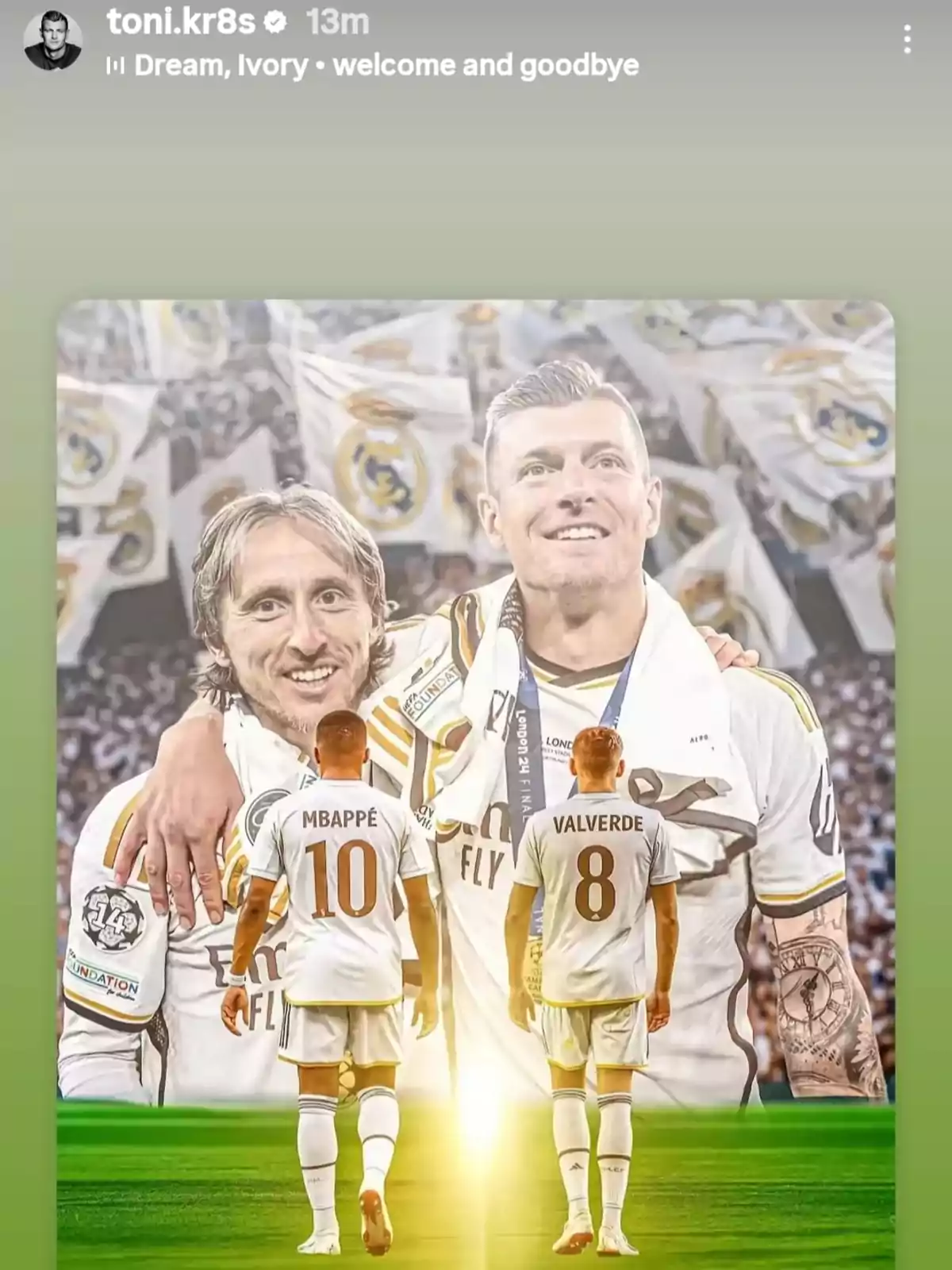 Dos futbolistas de espaldas con los nombres Mbappé y Valverde en sus camisetas caminan hacia una imagen de fondo donde dos jugadores del Real Madrid, uno con el brazo sobre el hombro del otro, sonríen frente a una multitud con banderas del club Dos futbolistas de espaldas con los nombres Mbappé y Valverde en sus camisetas caminan hacia una imagen de fondo donde dos jugadores del Real Madrid, uno con el brazo sobre el hombro del otro, sonríen frente a una multitud con banderas del club