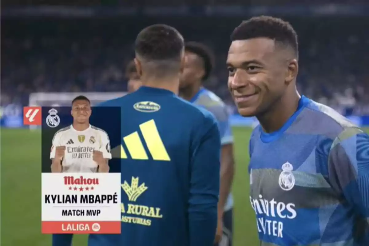 Kylian Mbappé sonríe en el campo vistiendo el uniforme de entrenamiento del Real Madrid mientras una tarjeta lo destaca como el jugador más valioso del partido en LaLiga Kylian Mbappé sonríe en el campo vistiendo el uniforme de entrenamiento del Real Madrid mientras una tarjeta lo destaca como el jugador más valioso del partido en LaLiga