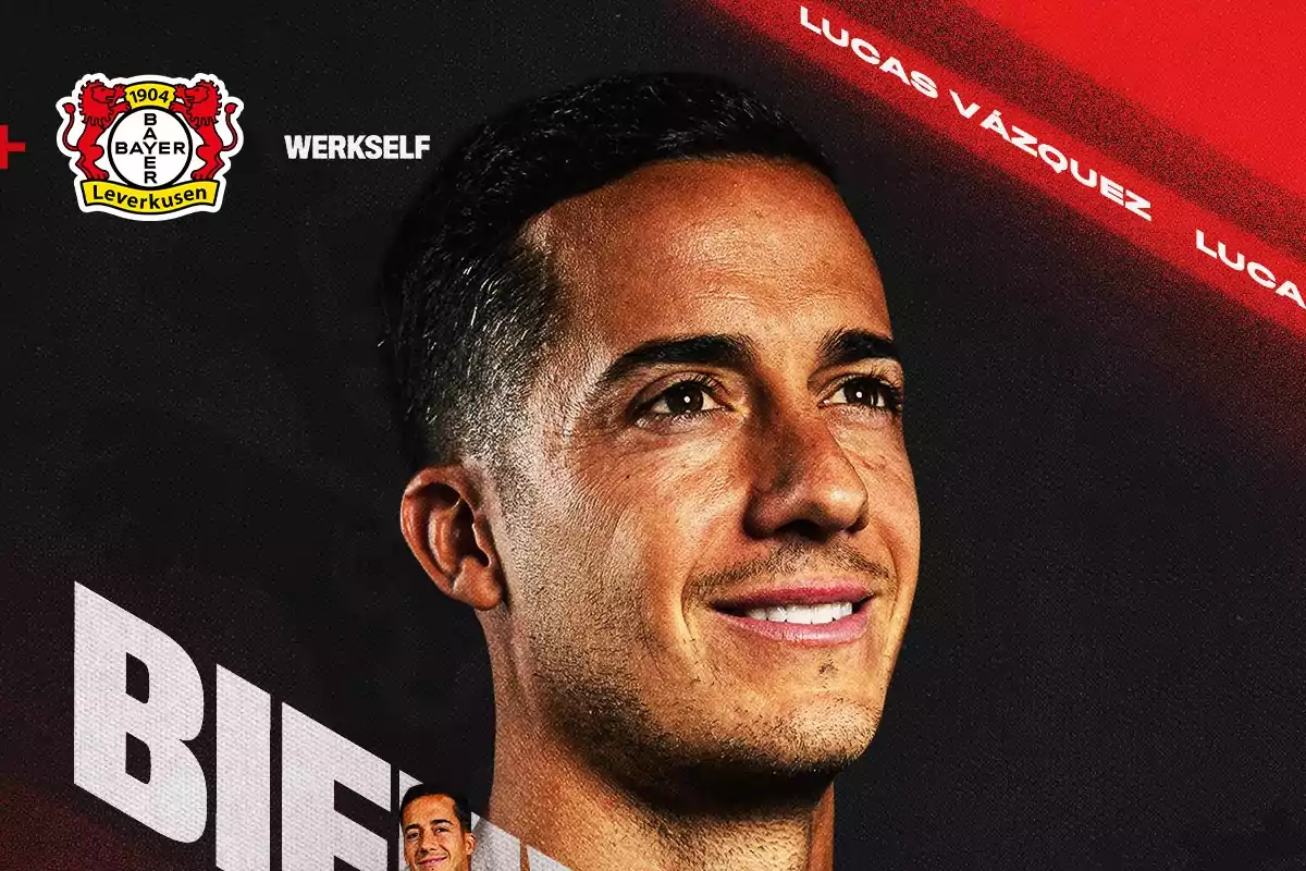 Smiling player with a black and red background and the Bayer Leverkusen crest in the top left corner